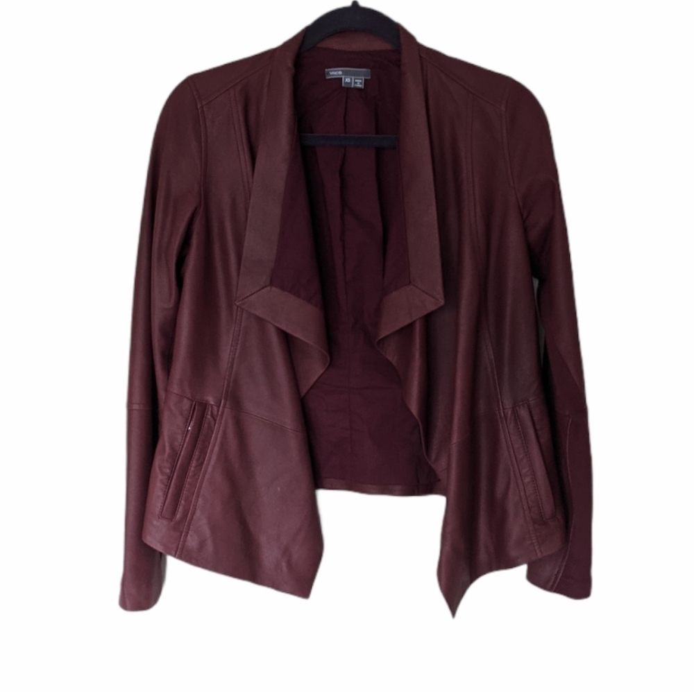 VINCE Leather Burgundy Red Drape Neck Open Jacket Size XS - Picture 3 of 10